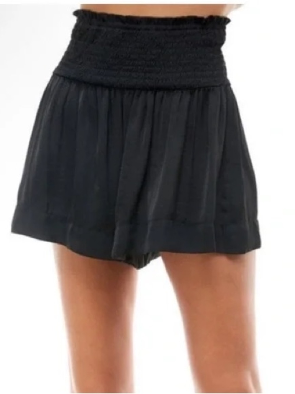 TCEC Smocked High-Waisted Satin Flowy Swing Shorts Black Size S